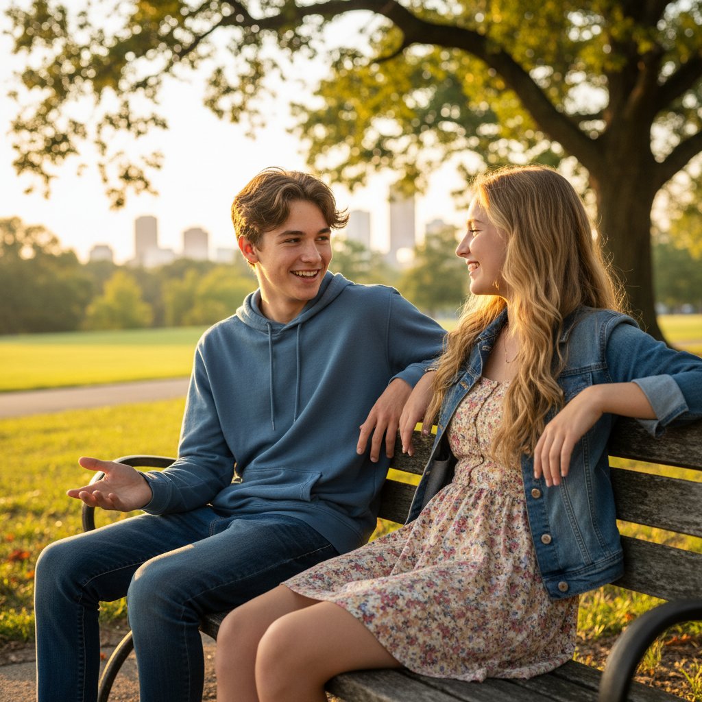 Dwoje nastolatków rozmawia na ławce w parku, otwarta mowa ciała, złota godzina, pogodna atmosfera