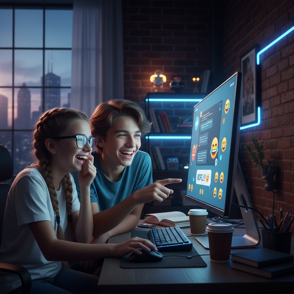Dwóch nastolatków przy komputerze, śmiejących się podczas czatu online