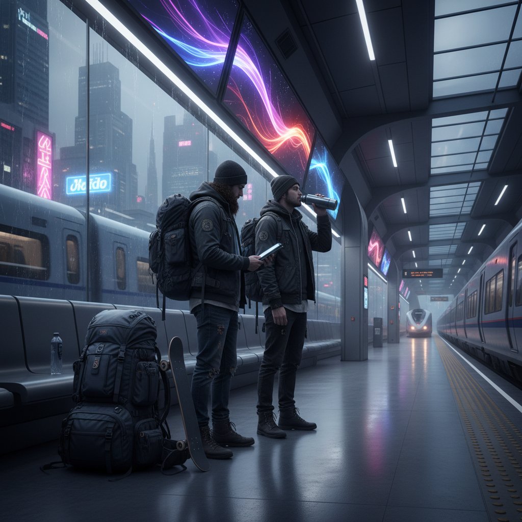 Dwoje nieznajomych z plecakami spotyka się na nowoczesnej stacji kolejowej o zmierzchu, atmosfera pełna napięcia