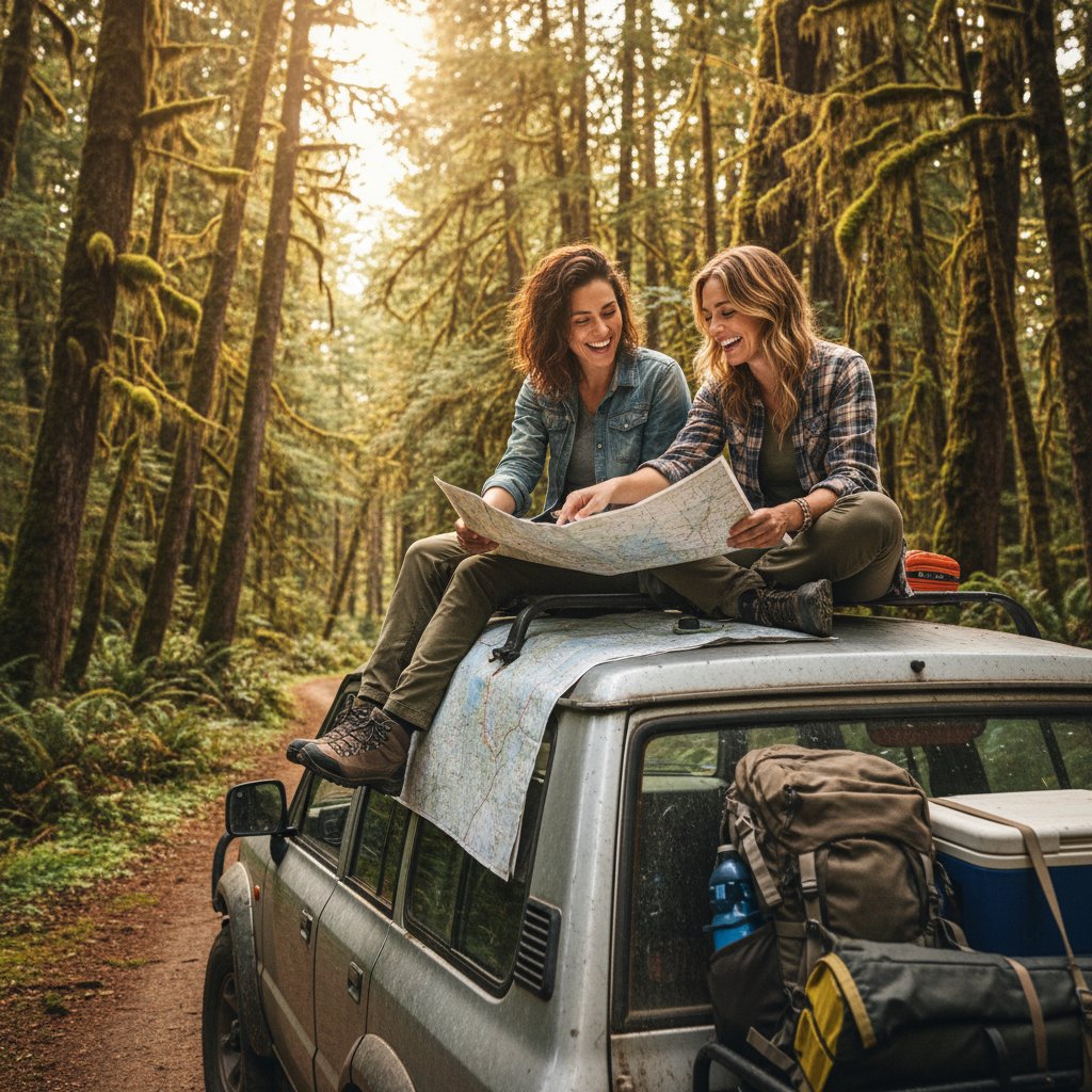 Dwie uśmiechnięte młode kobiety siedzą na dachu samochodu z mapą, las w tle, atmosfera przygody