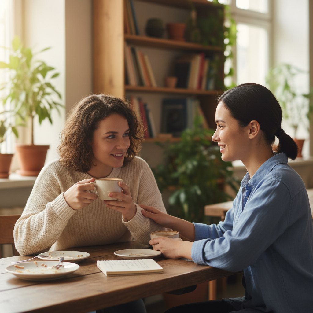 Dwie młode kobiety rozmawiające przy kawie, wsparcie i wymiana doświadczeń o baby blues