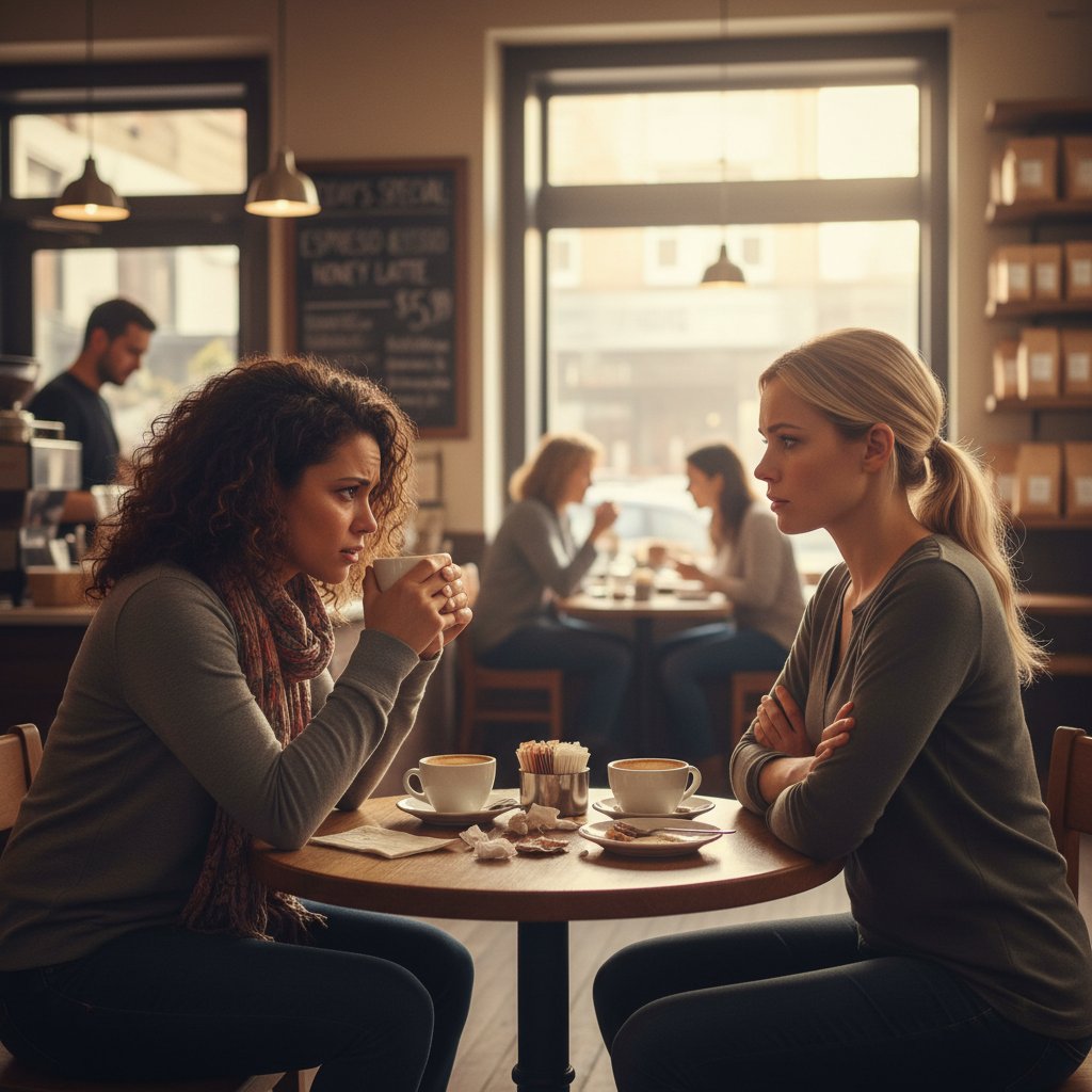 Two women in a coffee shop in intense discussion, capturing the complexity of emotional openness in relationships