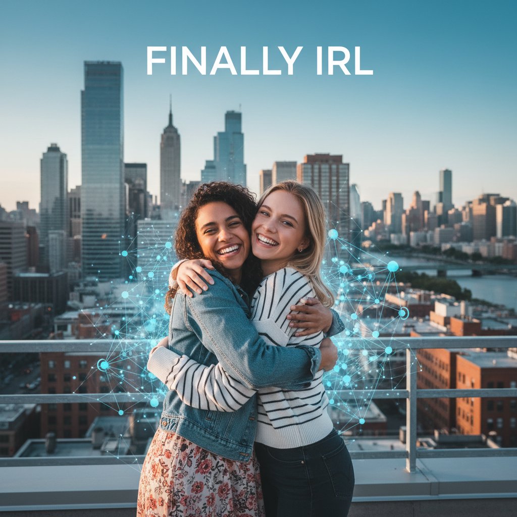 Dwie kobiety przytulają się na tle miasta, przyjaźń online przeniesiona do realu, radość