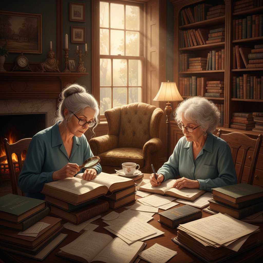 Czarno-biała fotografia dwóch kobiet siedzących przy stole z notatkami, symbolizująca początki MBTI