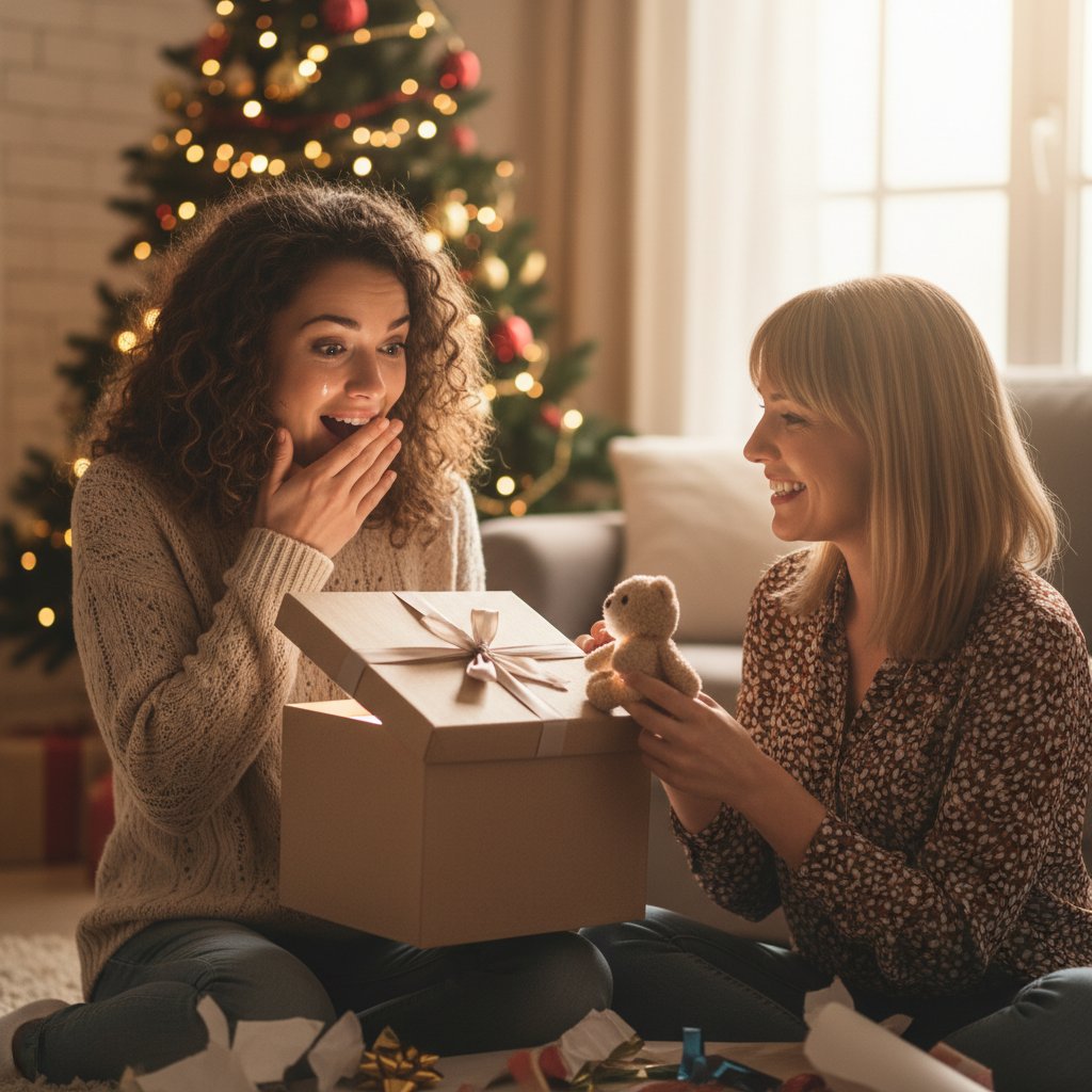 Przyjaciółki wręczające sobie niebanalny prezent, kreatywna radość i zaskoczenie