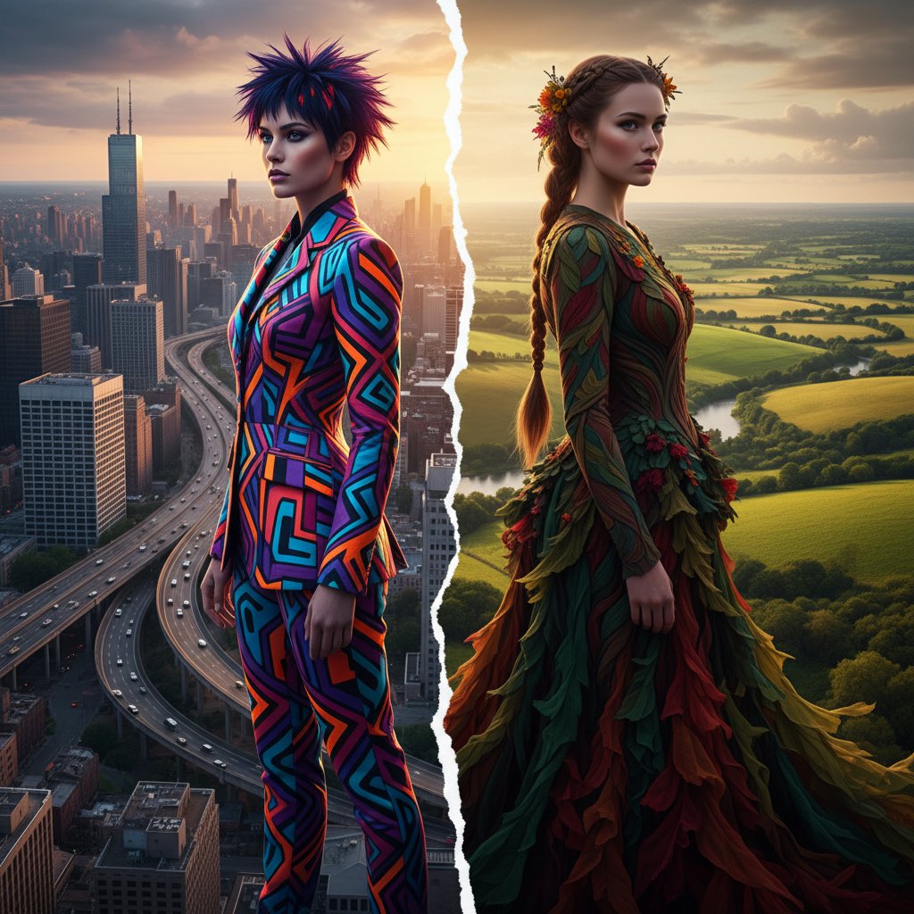 Two women in contrasting outfits, mirror image, city and countryside backgrounds blending, bold color grading