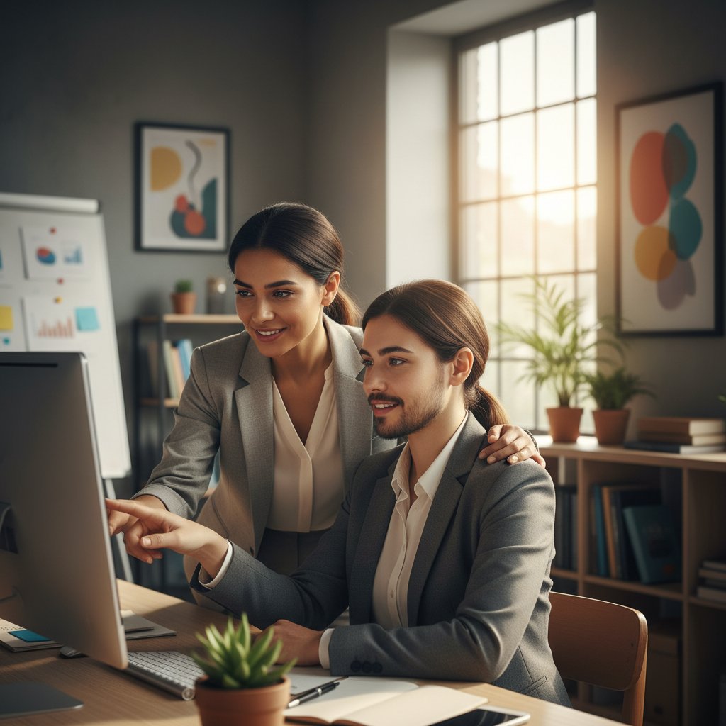 Dwie kobiety w biurze, jedna wyraźnie zestresowana, druga okazuje wsparcie – relacje zawodowe a hirsutyzm