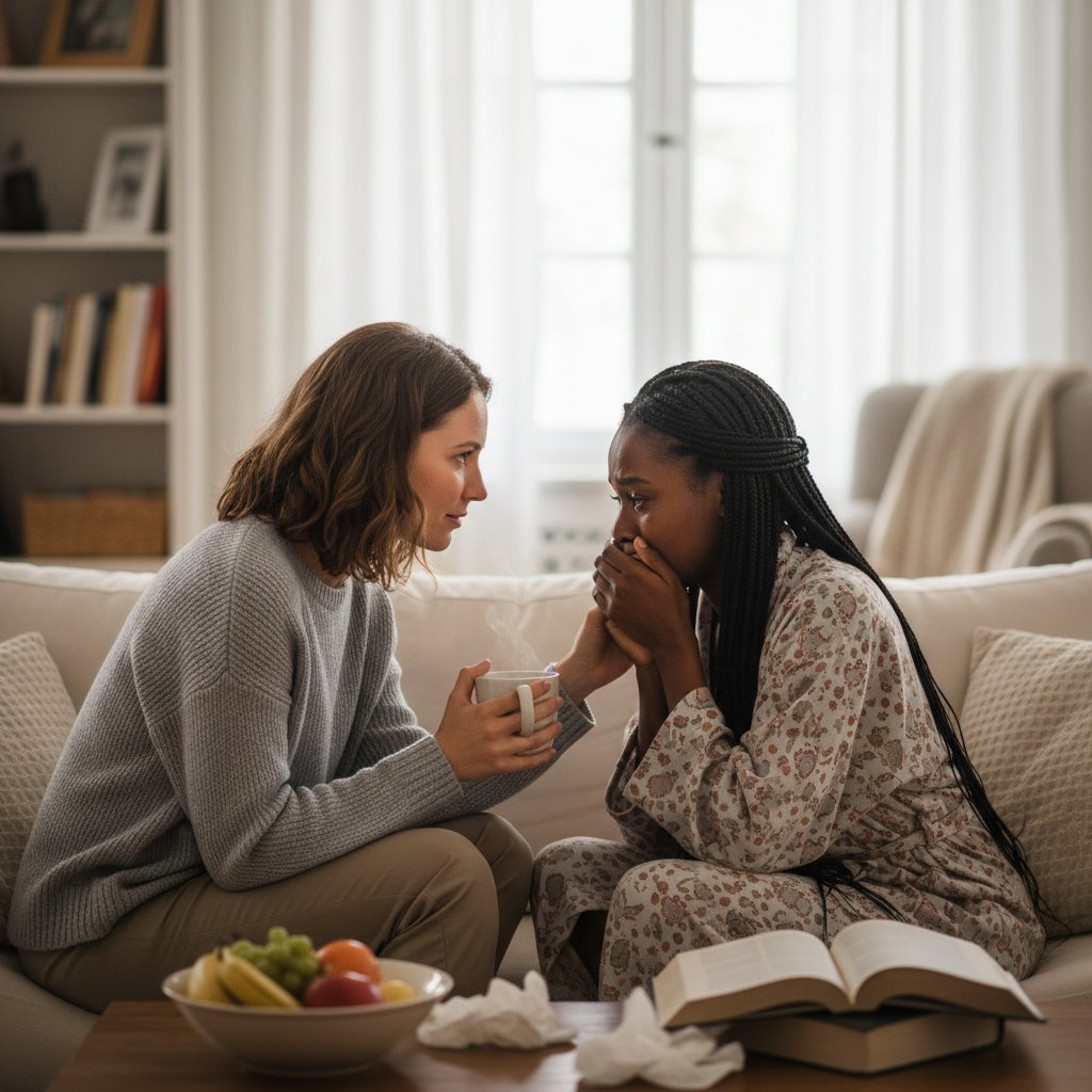 Bliska rozmowa dwóch kobiet w domu, wsparcie emocjonalne po badaniu kolposkopii
