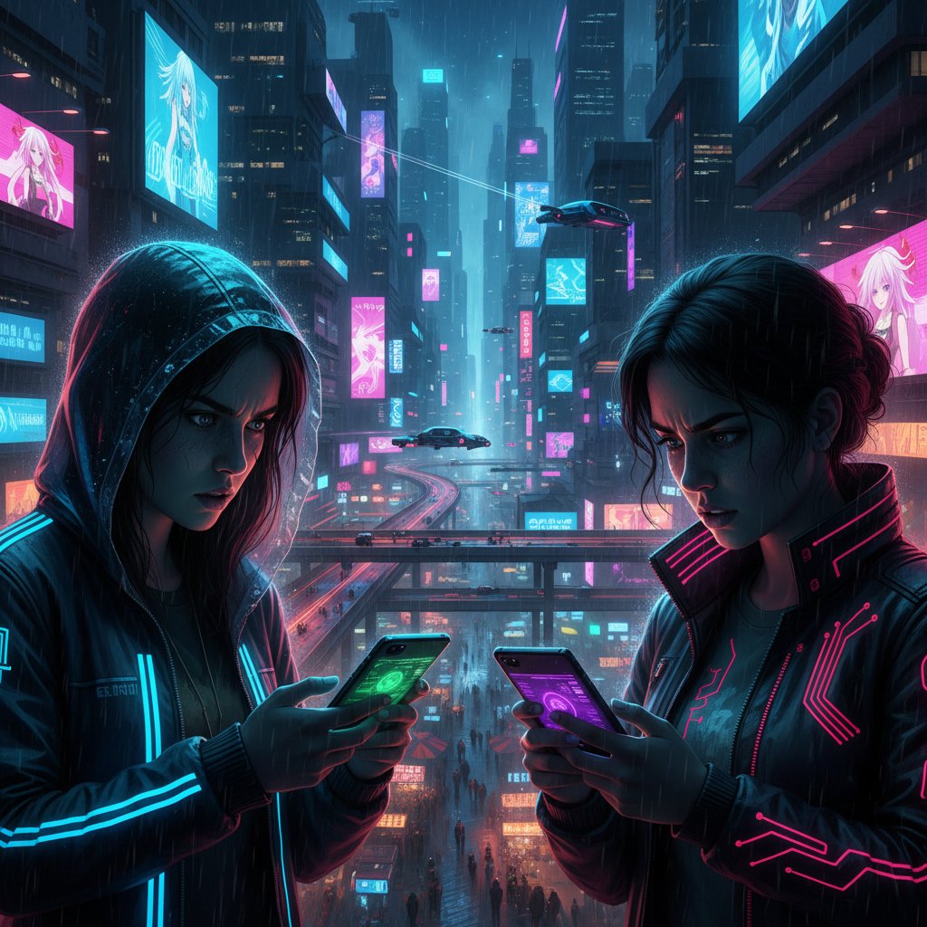 Dwoje młodych dorosłych prowadzi pierwszą rozmowę online przez smartfony nocą, miasto w tle, napięcie i cyberpunkowy klimat