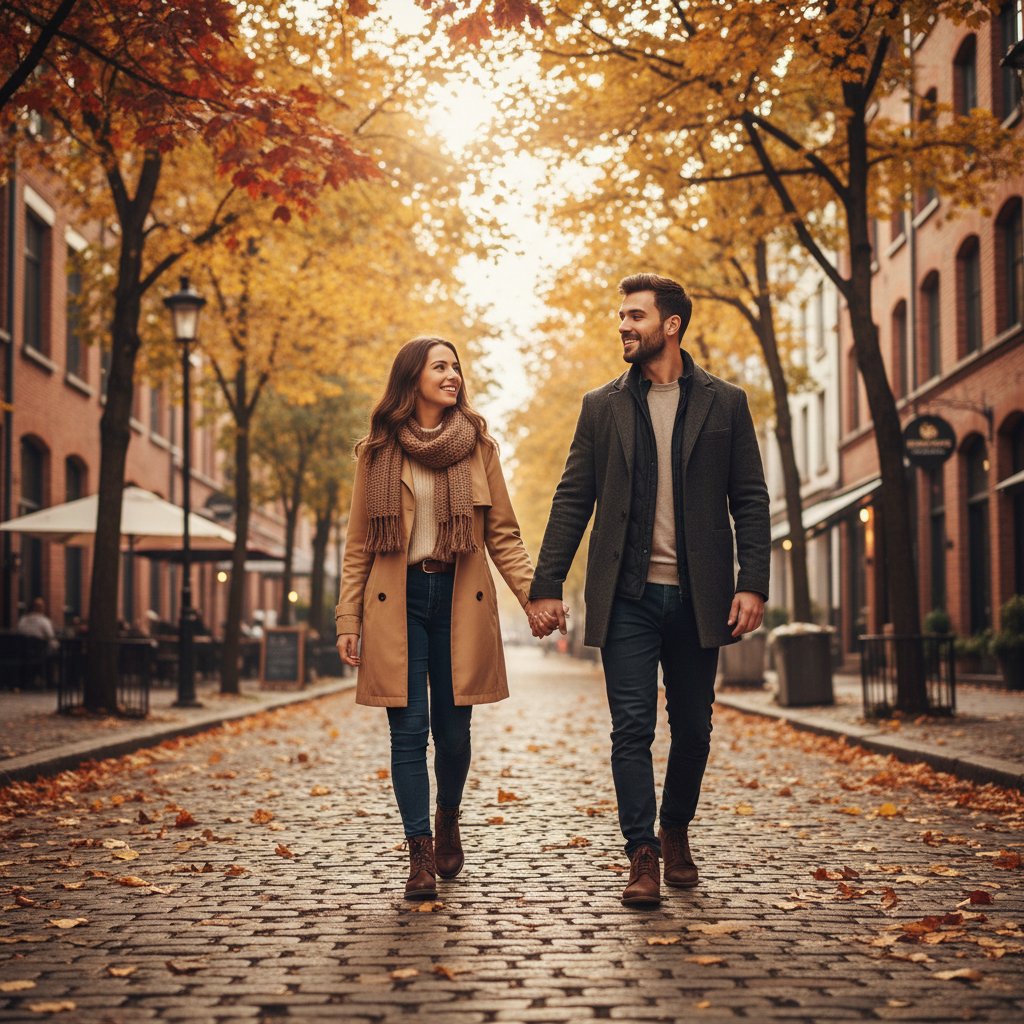 Dwoje młodych dorosłych idzie obok siebie, splecione ręce, jesienna ulica, atmosfera nowego początku, miejski klimat