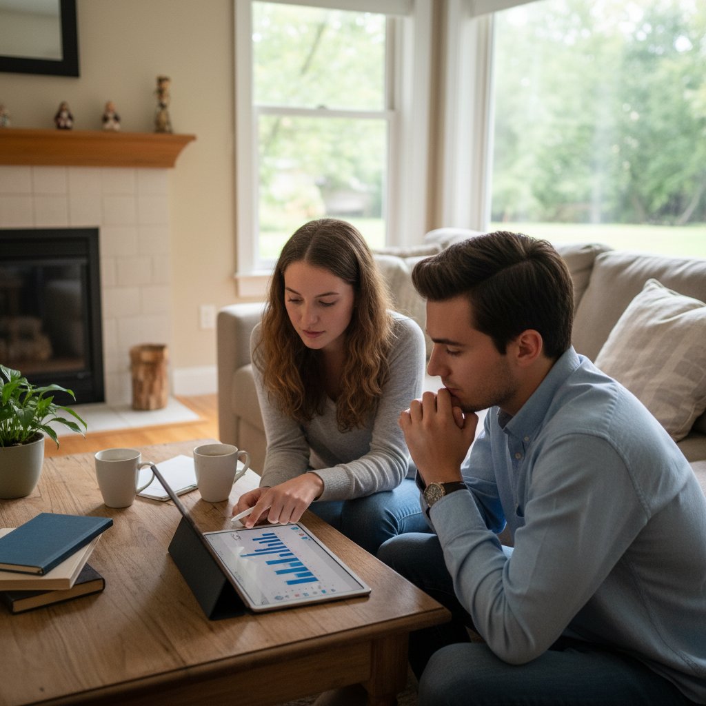 Dwóch młodych ludzi trenujących rozmowę z AI w domowym zaciszu, podkreślającym dostępność symulatorów dla każdego