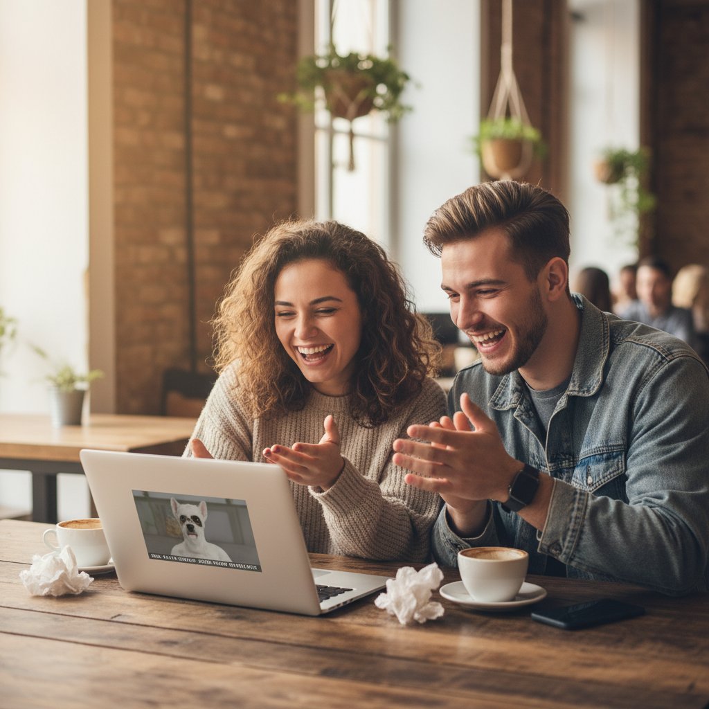 Dwóch młodych ludzi rozmawiających swobodnie przy laptopie, atmosfera luzu i żartów