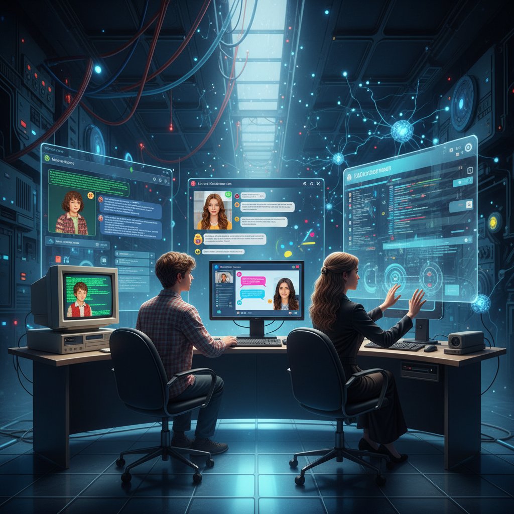 Dwóch młodych ludzi rozmawia przez komputer, symbolizując ewolucję od starych czatów tekstowych do portali AI