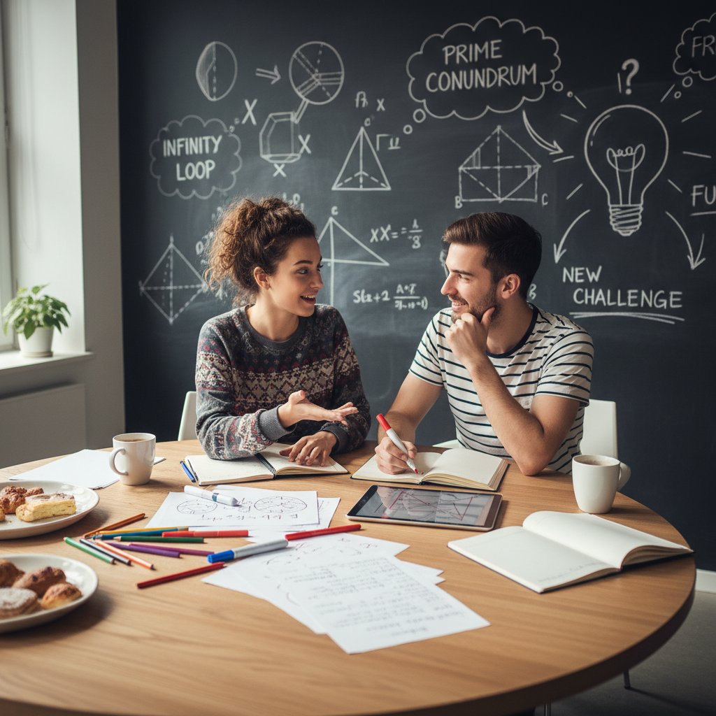 Dwoje młodych ludzi pracujących wspólnie nad własnymi zadaniami matematycznymi; kreatywność i współpraca
