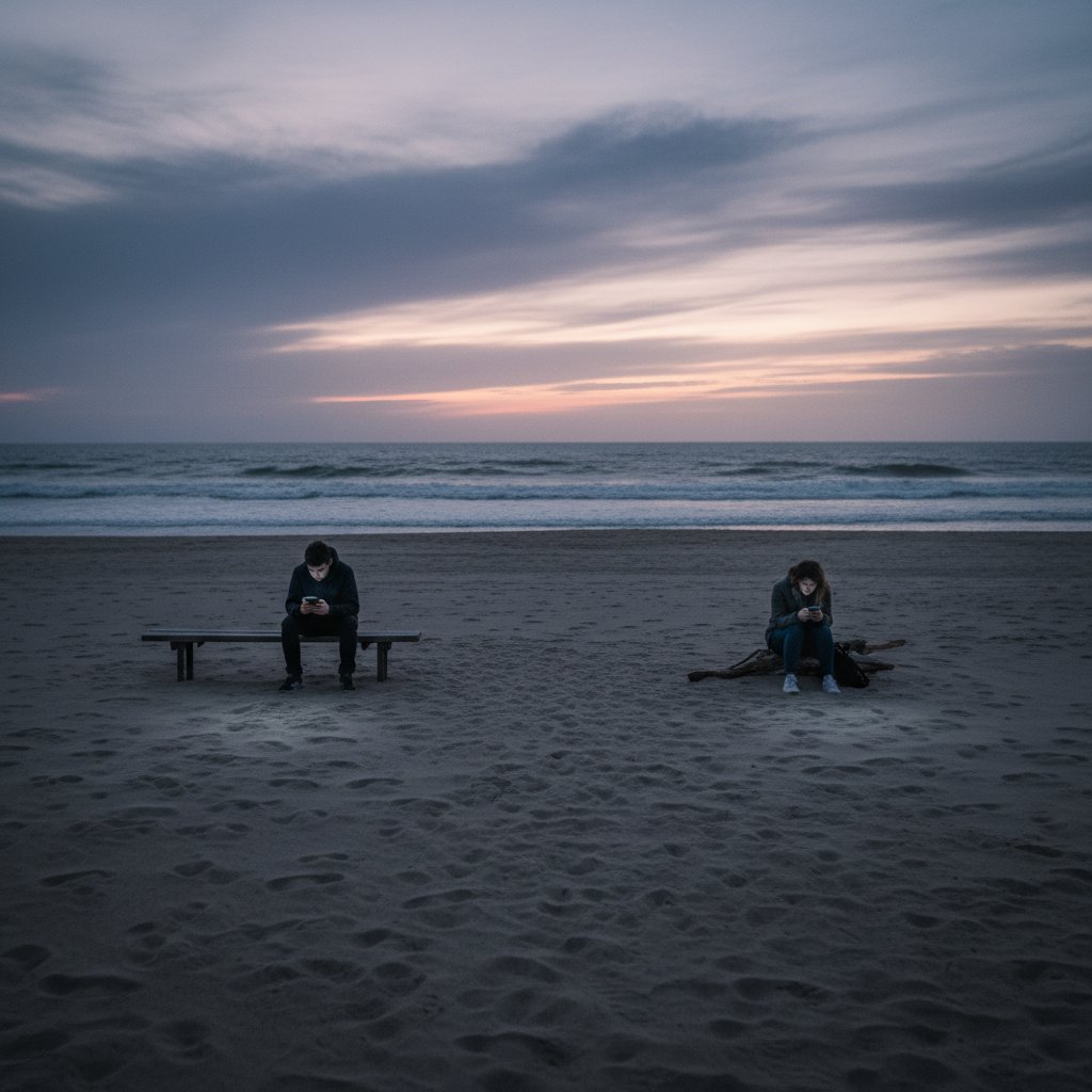 Para młodych ludzi siedzi razem, ale każdy patrzy w telefon – atmosfera dystansu i samotności