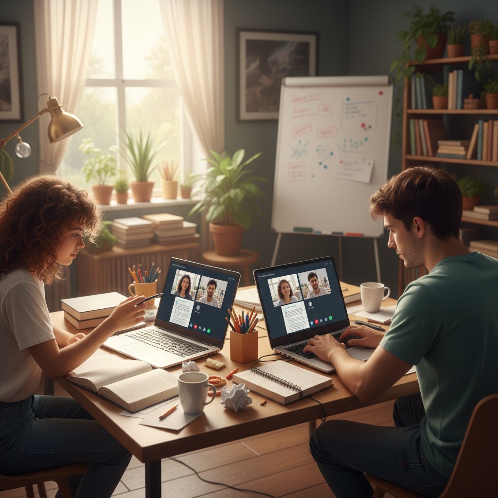 Dwójka młodych ludzi podczas zdalnej lekcji na Discordzie, z notatkami i ekranem komputera