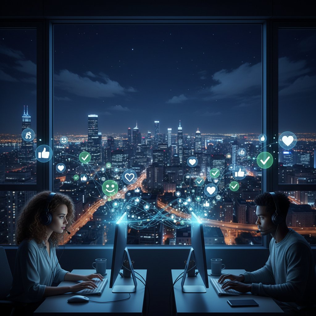 Młodzi rozmawiający online w nocnym otoczeniu miasta, symbole pozytywności i cyfrowej bliskości