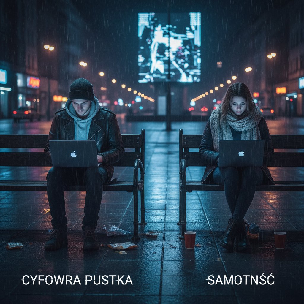 Dwoje młodych ludzi wpatrzonych w ekrany laptopów, odizolowanych emocjonalnie, internetowa samotność