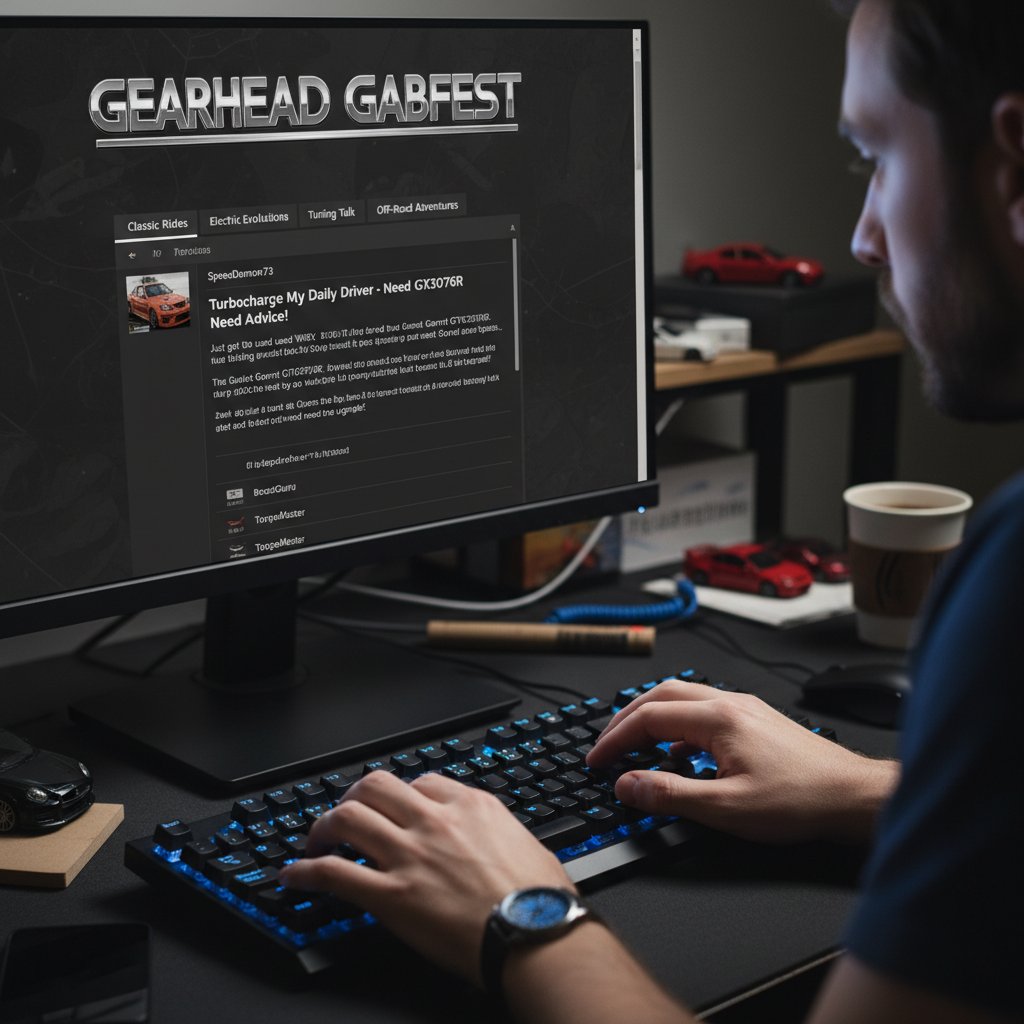 User carefully crafting a respectful forum post, car forum interface blurred, hands typing on keyboard