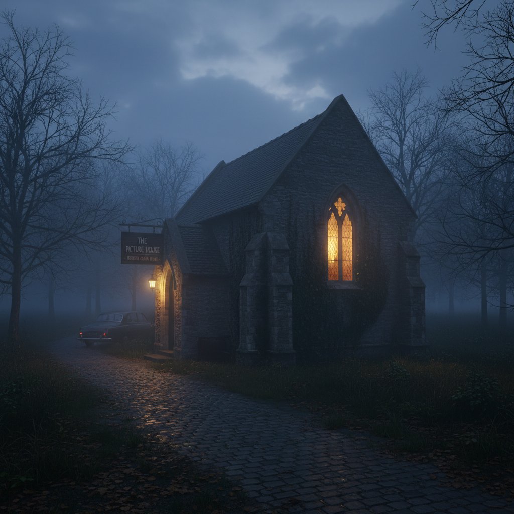 Discovering hidden gems in British film at a rural UK cinema with moody lighting