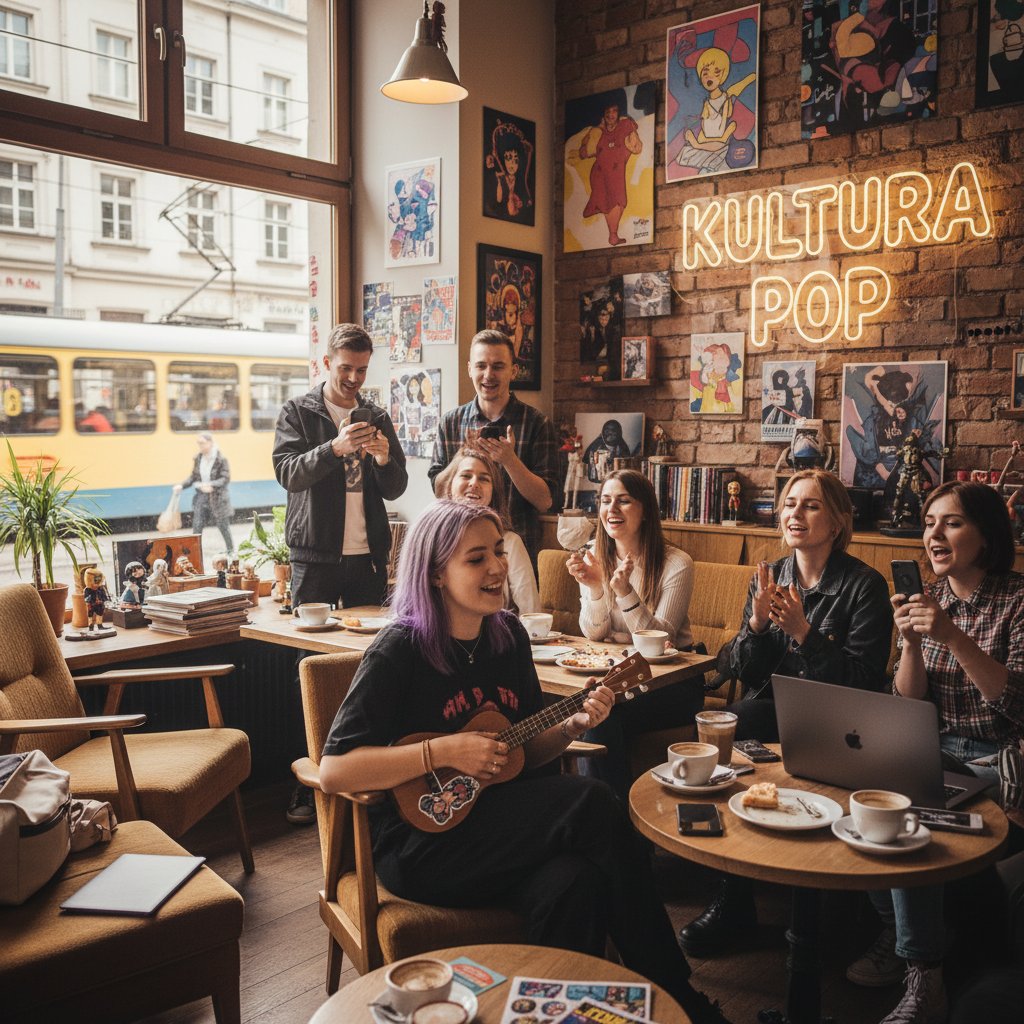 Ukulele w kawiarni w Warszawie otoczone młodymi osobami, scena typowa dla miejskiej popkultury i trendu nauki online