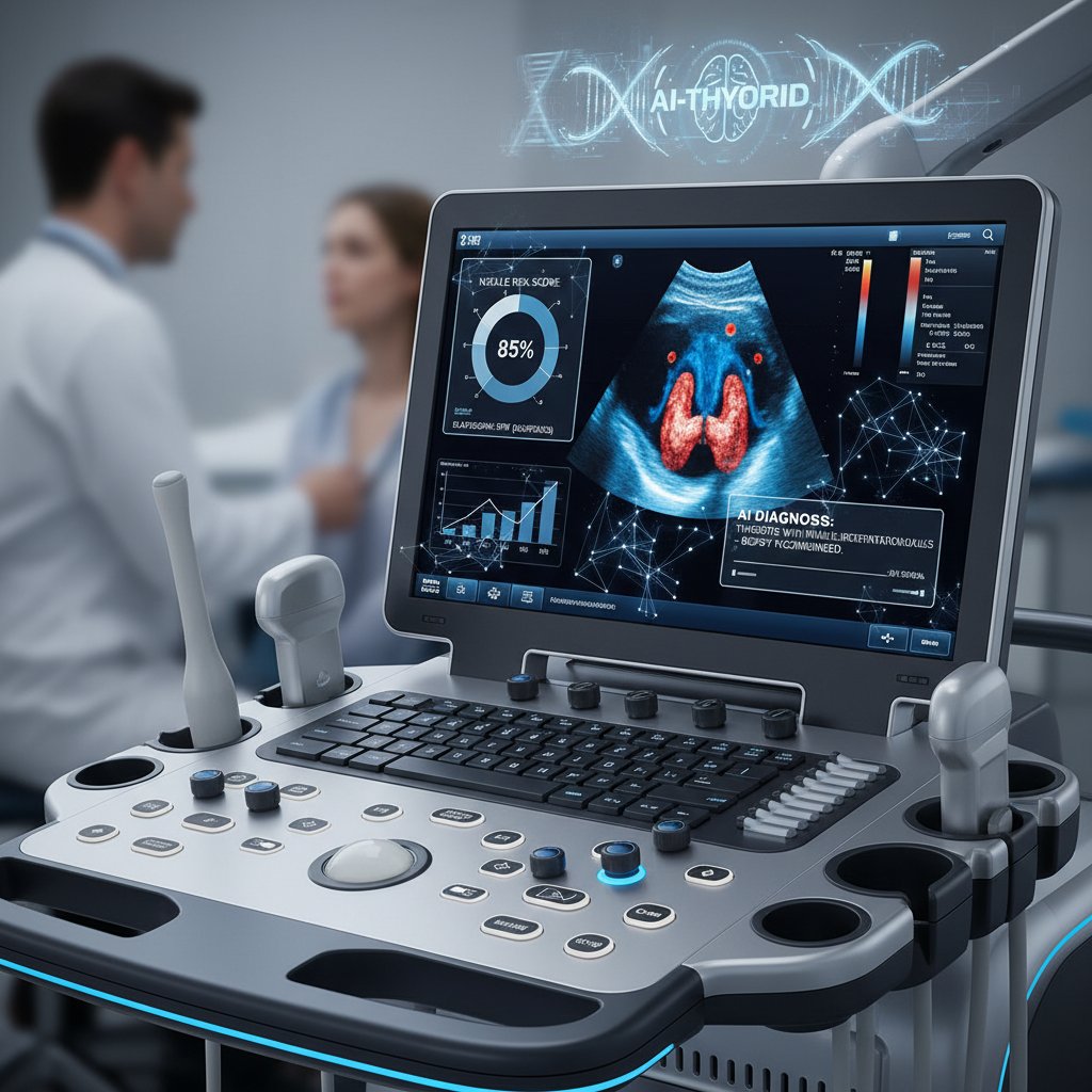 Nowoczesny sprzęt USG z widocznym interfejsem AI analizującym obraz tarczycy