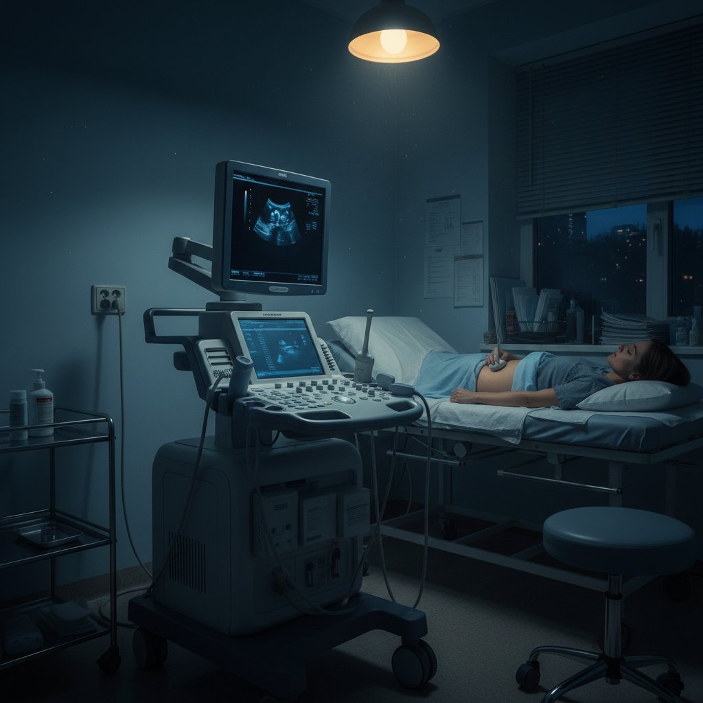 Aparat USG w klinice, przygotowany do badania diagnostycznego po menopauzie