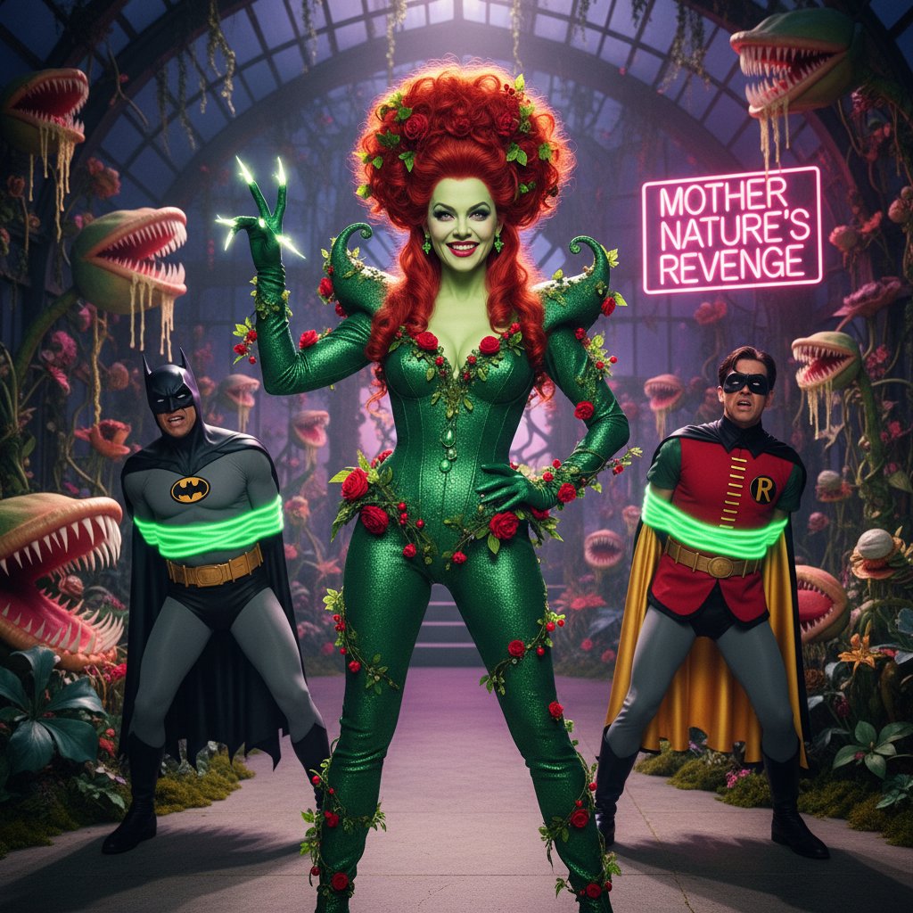 Uma Thurman as Poison Ivy in Batman & Robin, over-the-top costume, vibrant colors, campy aesthetic