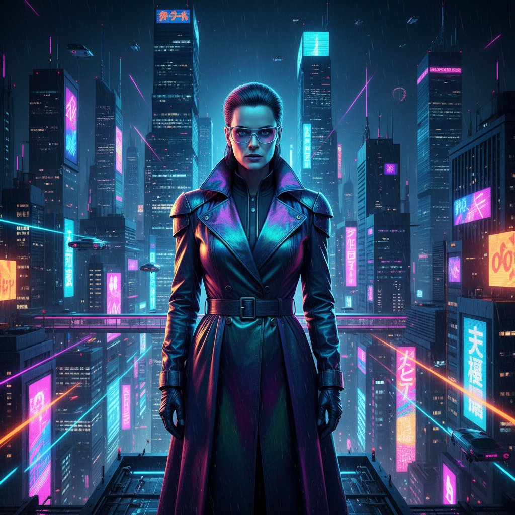 Concept art of Uma Thurman in a sci-fi setting for an upcoming film, neon cityscape, bold colors