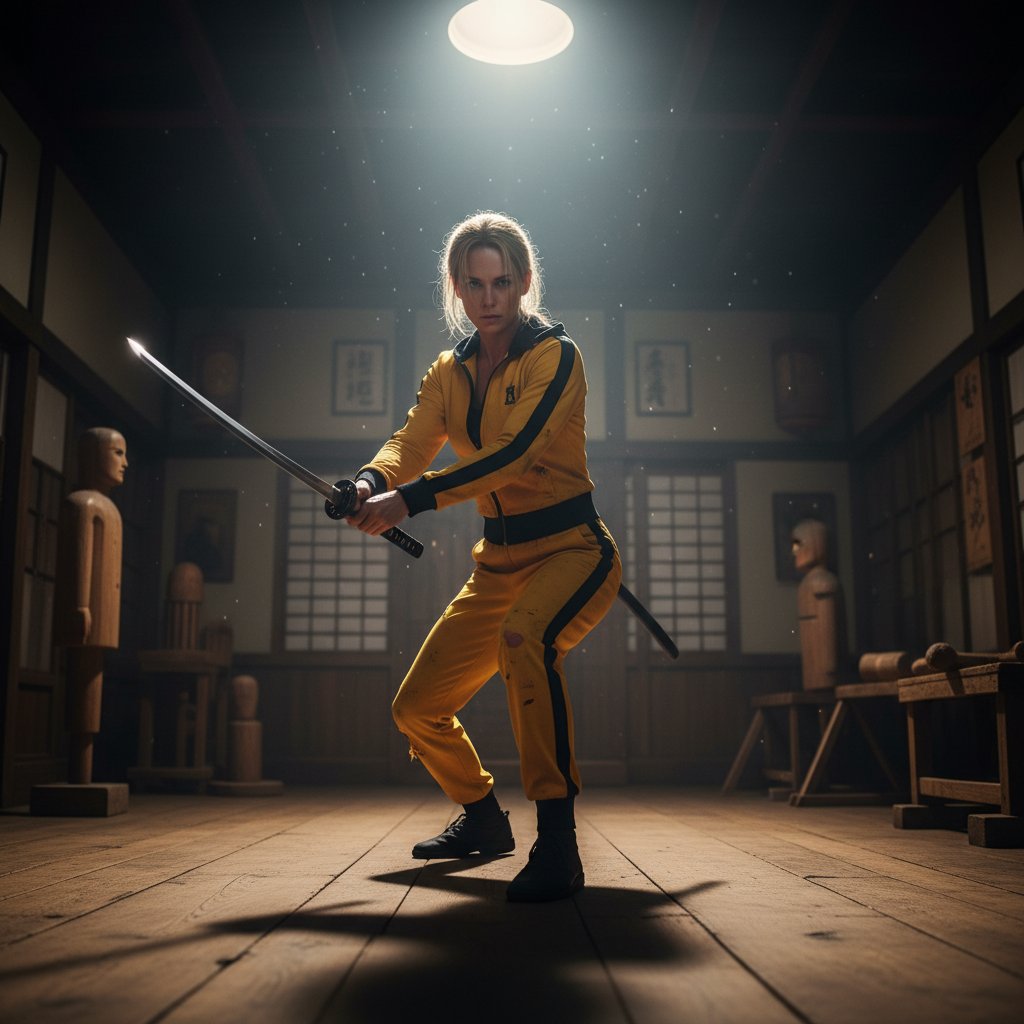 Uma Thurman preparing for a fight scene in Kill Bill, training with a katana, dramatic lighting