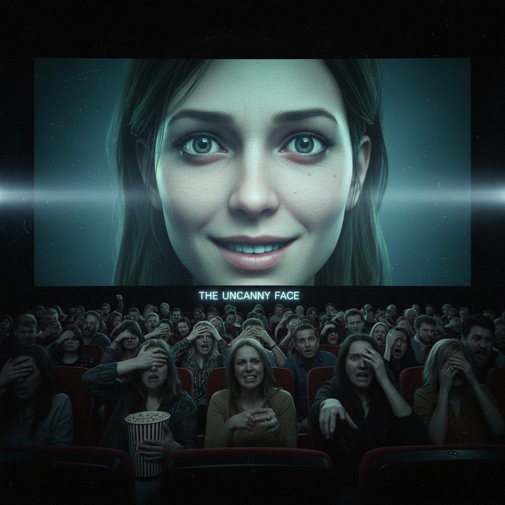 Uncanny valley in 4K movies, hyper-detailed digital face, mixed audience reactions