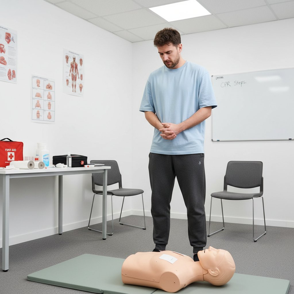 Osoba patrząca niepewnie na manekina do ćwiczeń, symbolizująca brak praktycznych umiejętności po szkoleniu