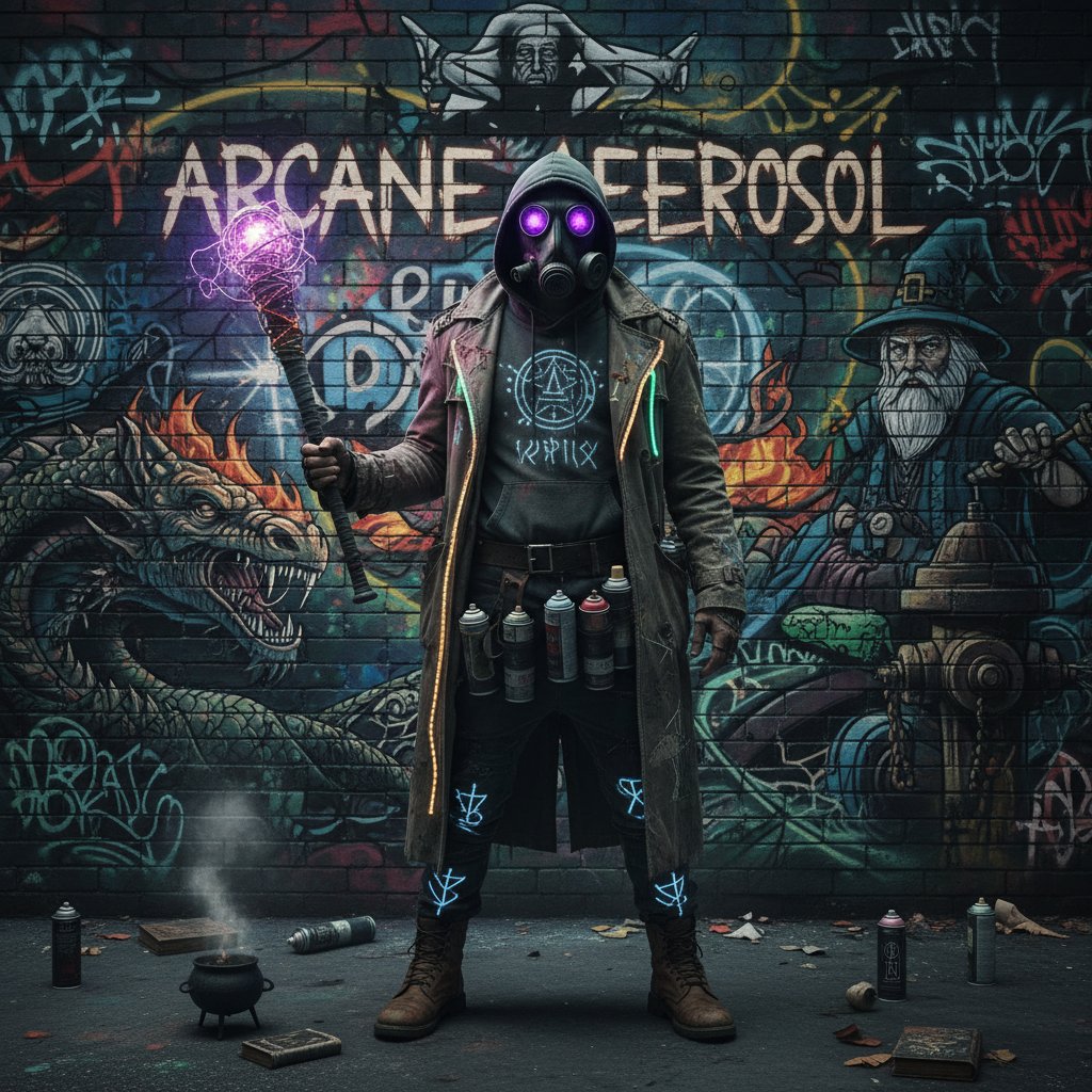 An unconventional wizard blending into city subculture, surrounded by urban graffiti - edgy depiction of wizard movies