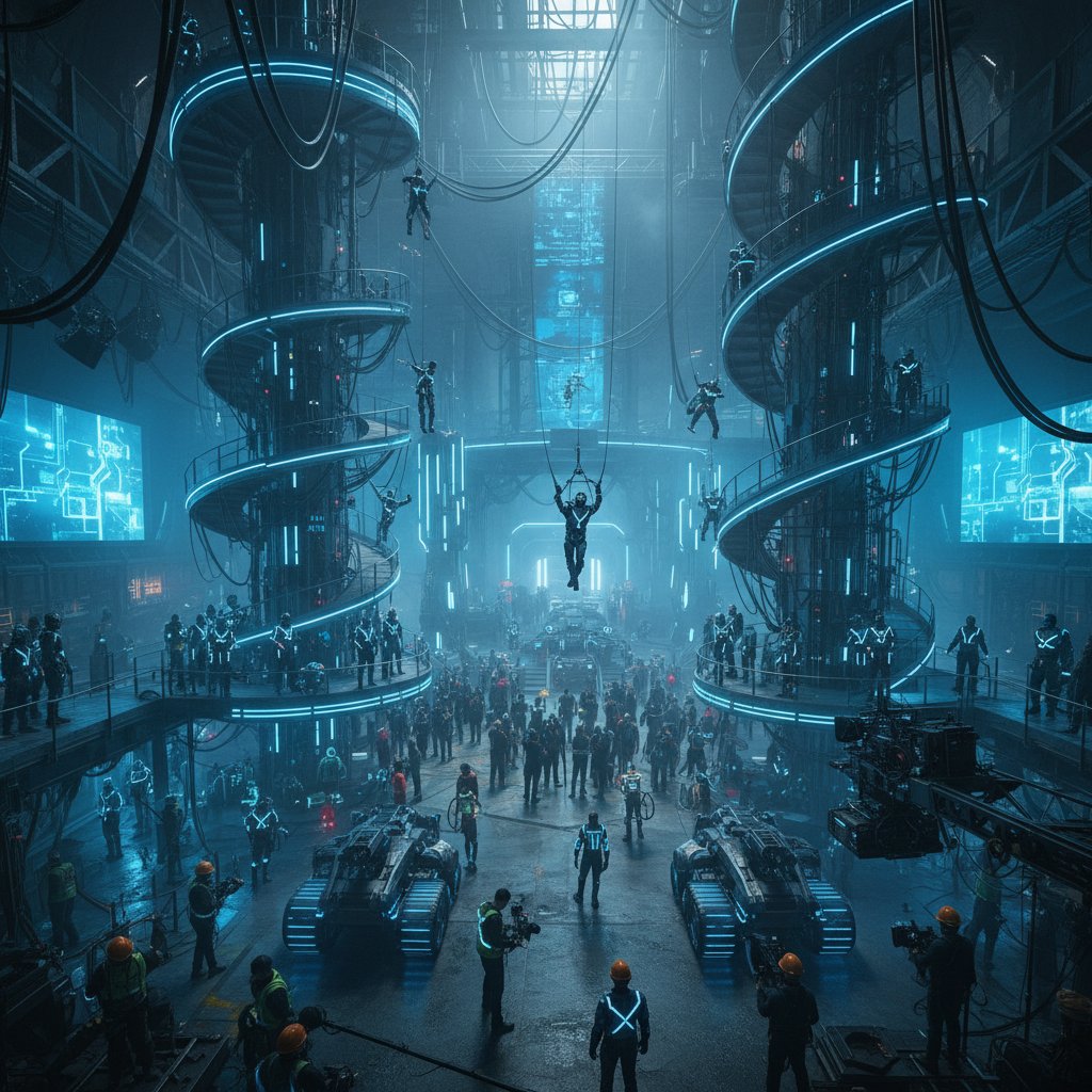 Actors in a movie set depicting an underground city’s dark underbelly, anxious expressions and blue neon lighting