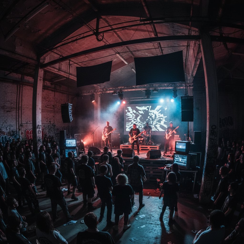 Koncert undergroundowy w industrialnej przestrzeni, alternatywna młodzież
