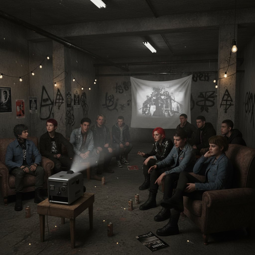 Shadowy underground film screening with moody lighting and rebellious energy