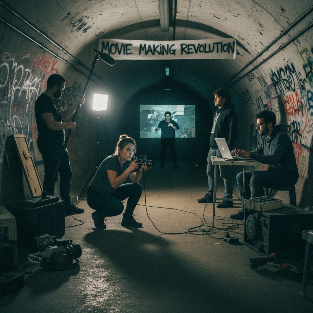 Underground filmmaker directing a passionate small crew, raw energy, making of movies revolution