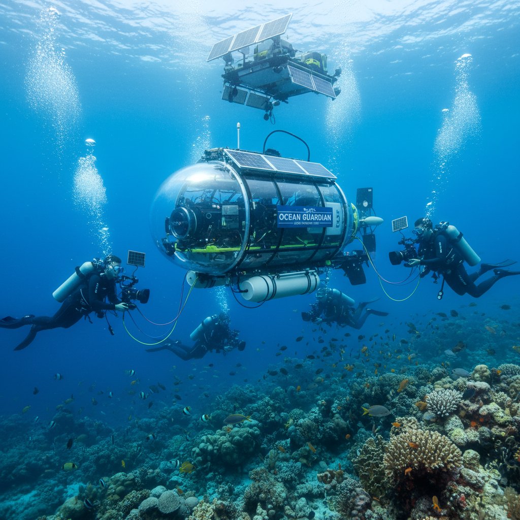 Underwater movie crew using eco-friendly, solar-powered equipment