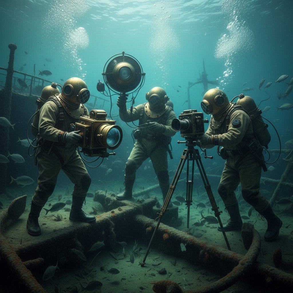 Vintage underwater camera rig and film crew in action