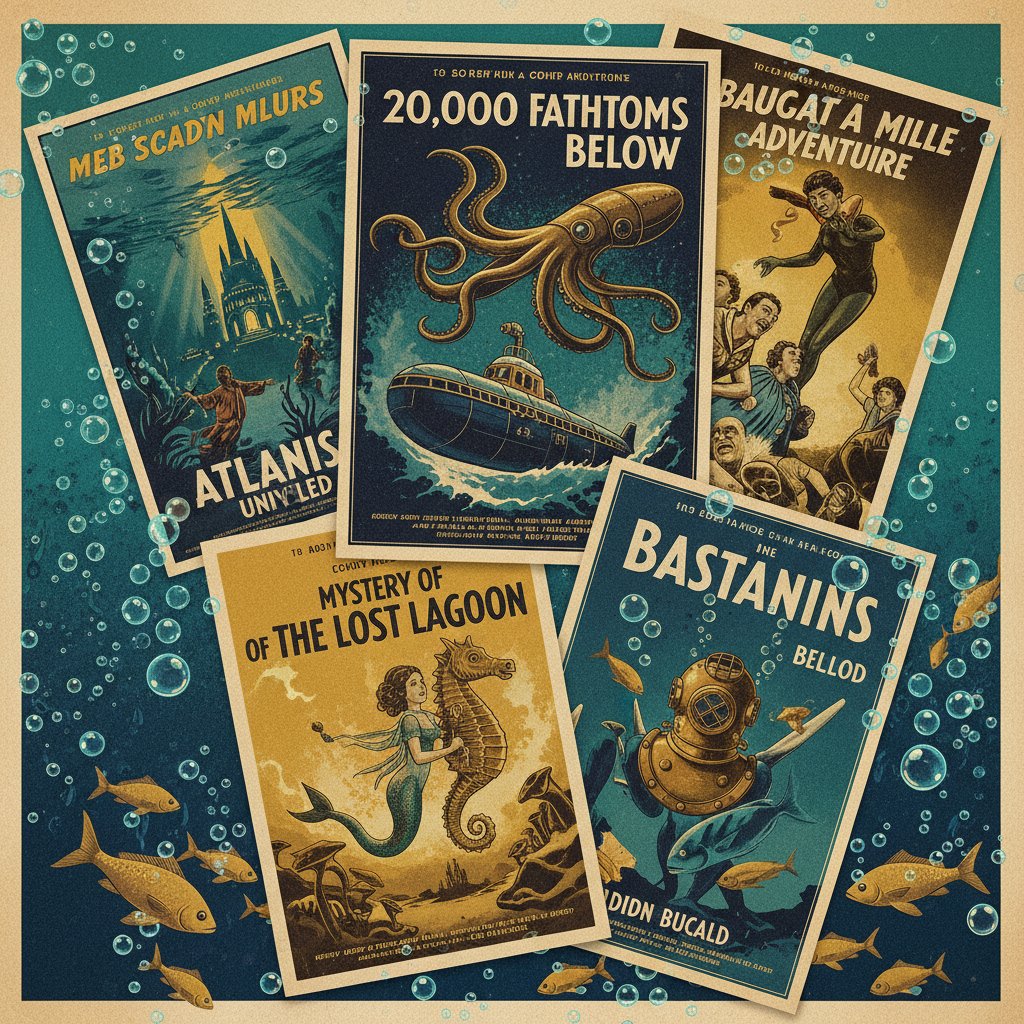 Classic underwater movie poster collage featuring Jaws, The Abyss, Blue Planet II