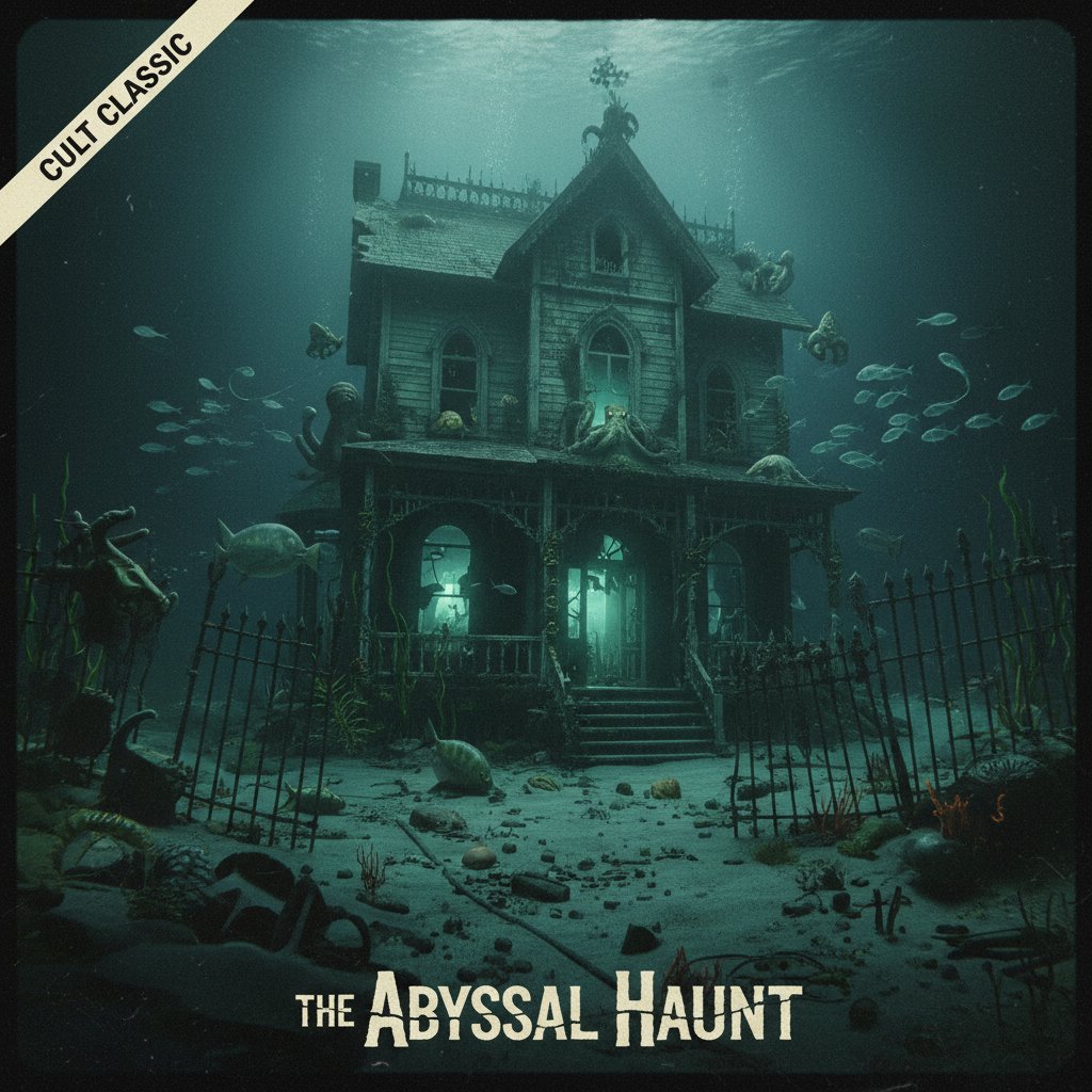 Cult classic underwater movie still, eerie underwater house