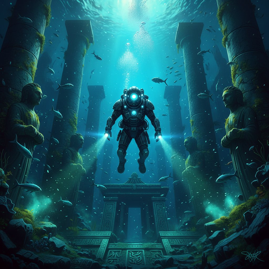 Epic underwater movie scene with diver and dramatic lighting in blue-green tones