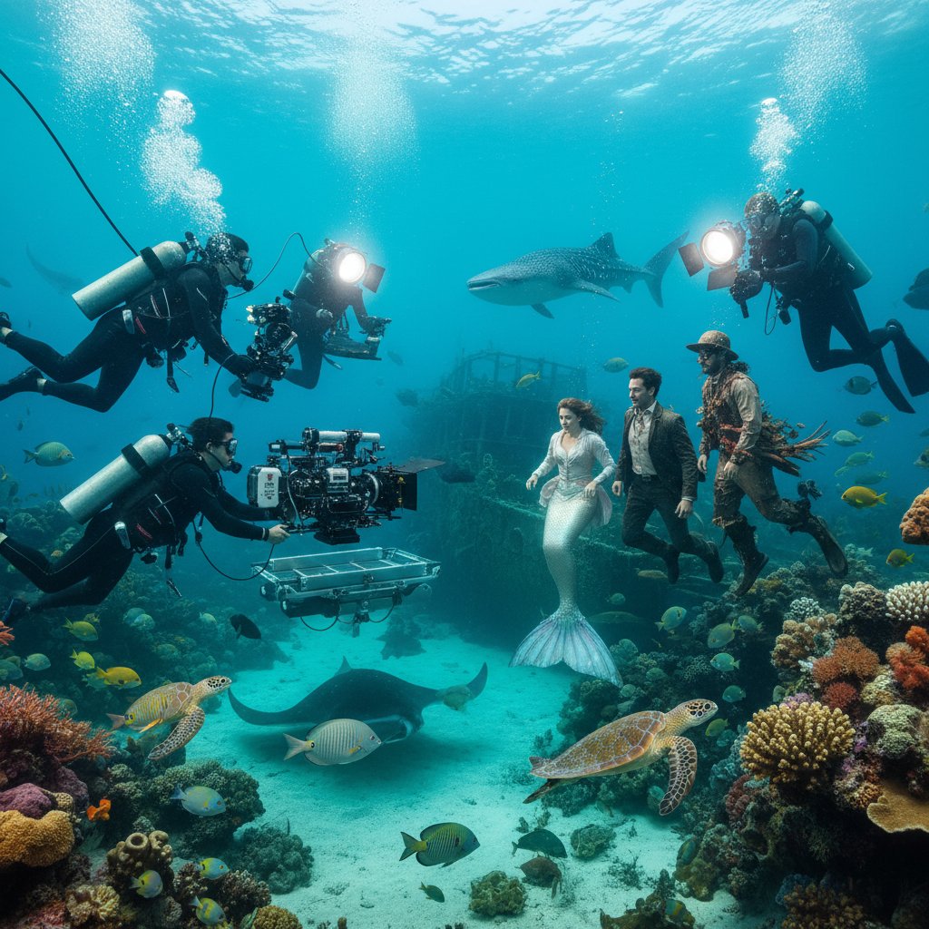 Film crew shooting realistic underwater scene with natural lighting and marine life
