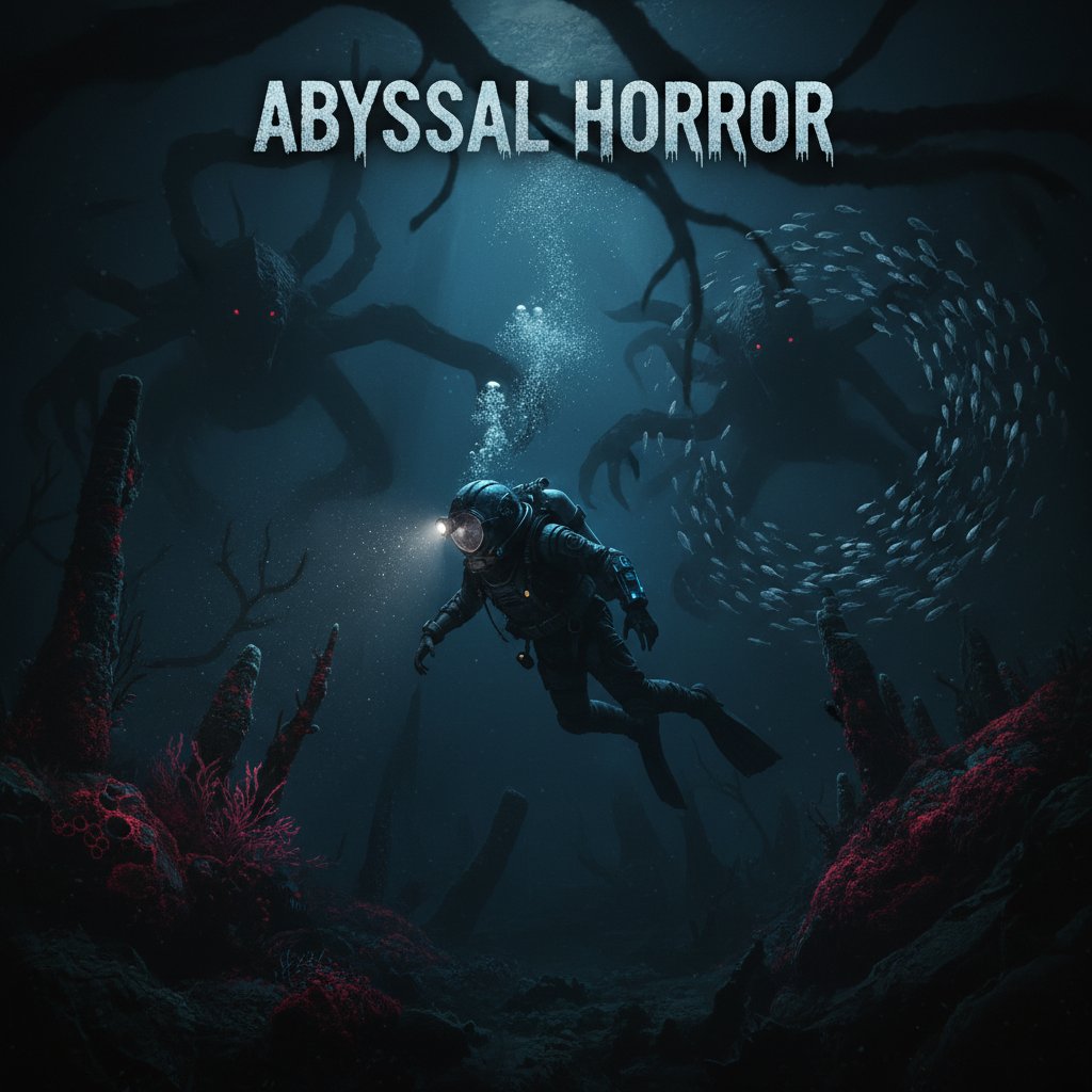 Terrifying underwater horror scene with diver, darkness, and predatory silhouettes