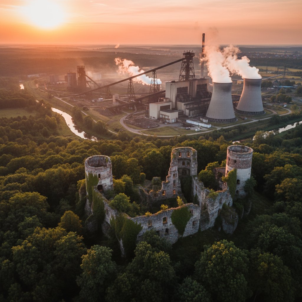 Nietypowy kierunek podróży w Polsce w 2025 roku – las, ruiny, industrialny krajobraz o złotej godzinie