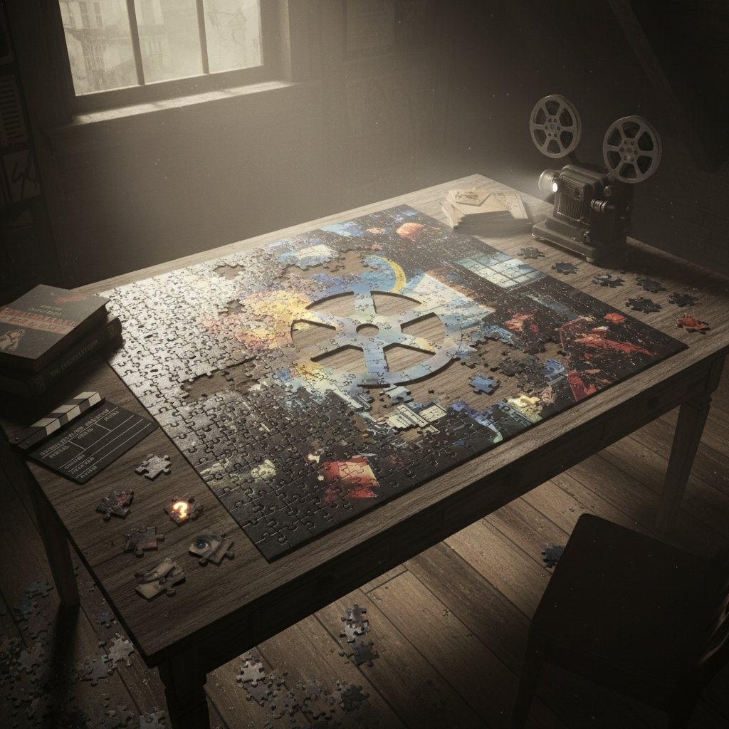 Symbolic image representing ambiguous film endings, unfinished puzzle on a dark surface