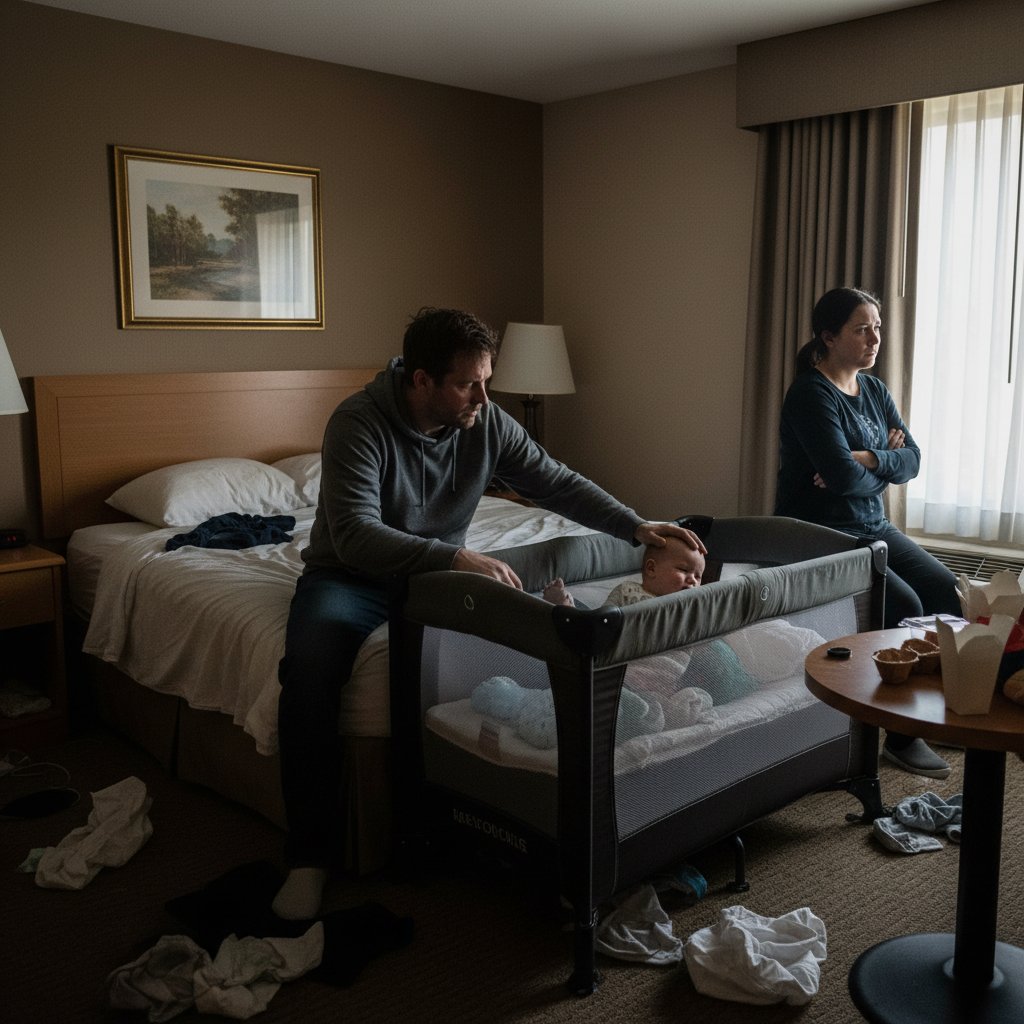 Mała dziewczynka stojąca przy niestabilnym hotelowym łóżeczku dziecięcym, zaniepokojeni rodzice obserwują sytuację