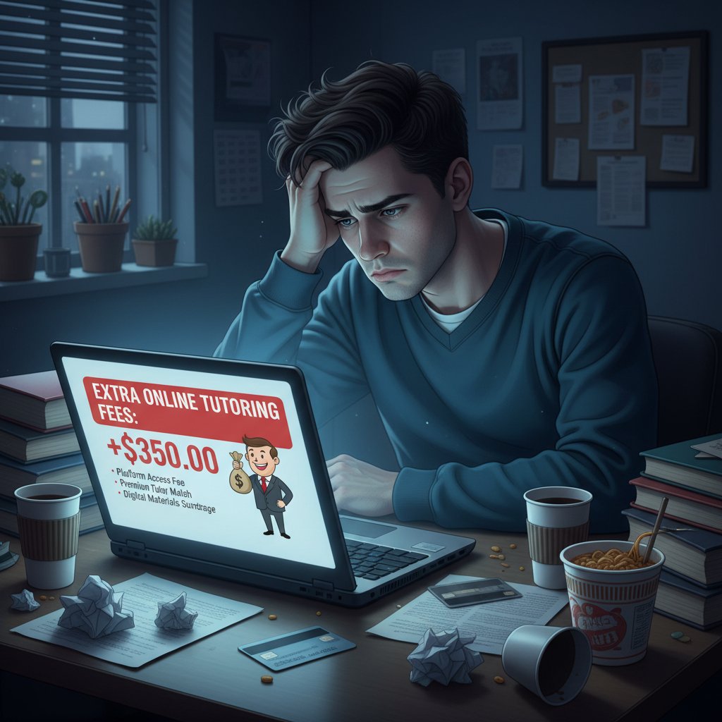 Niezadowolony uczeń analizujący dodatkowe opłaty za korepetycje online na laptopie