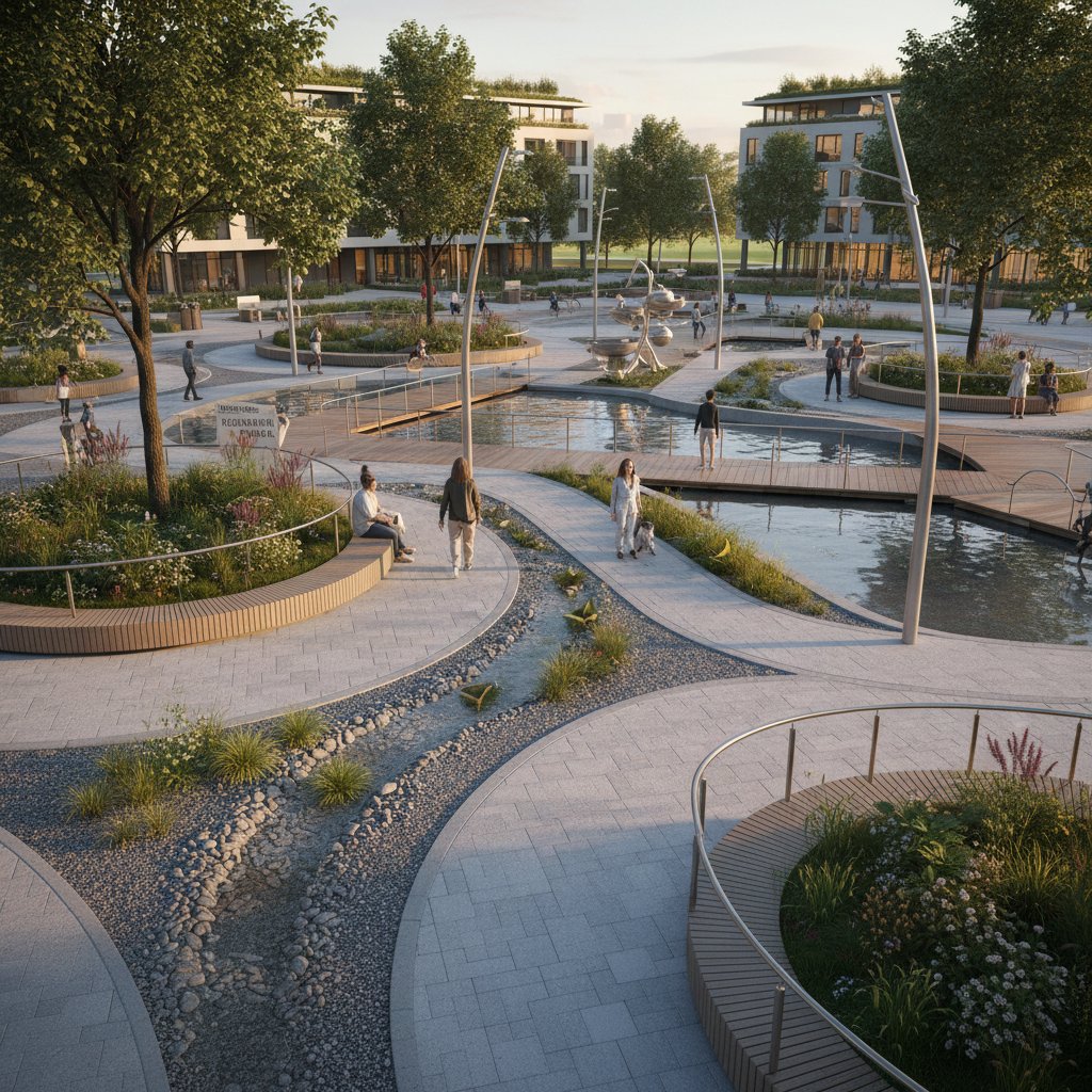 Flood-resistant, universally designed public space after a storm, resilient and hopeful
