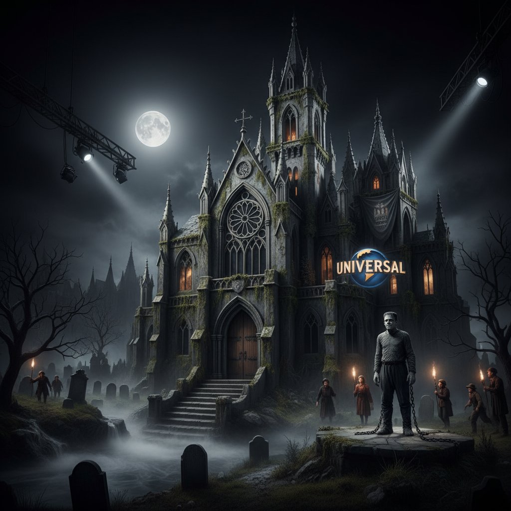 Universal Studios set, 1930s, with iconic monster movie architecture